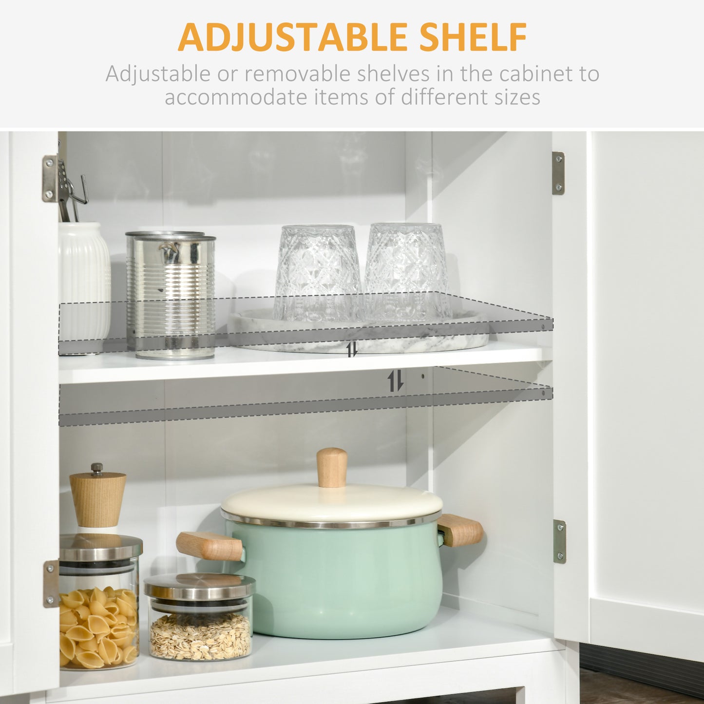 Kitchen Cupboard Storage Cabinet Adjustable Shelves, Glass Doors, White