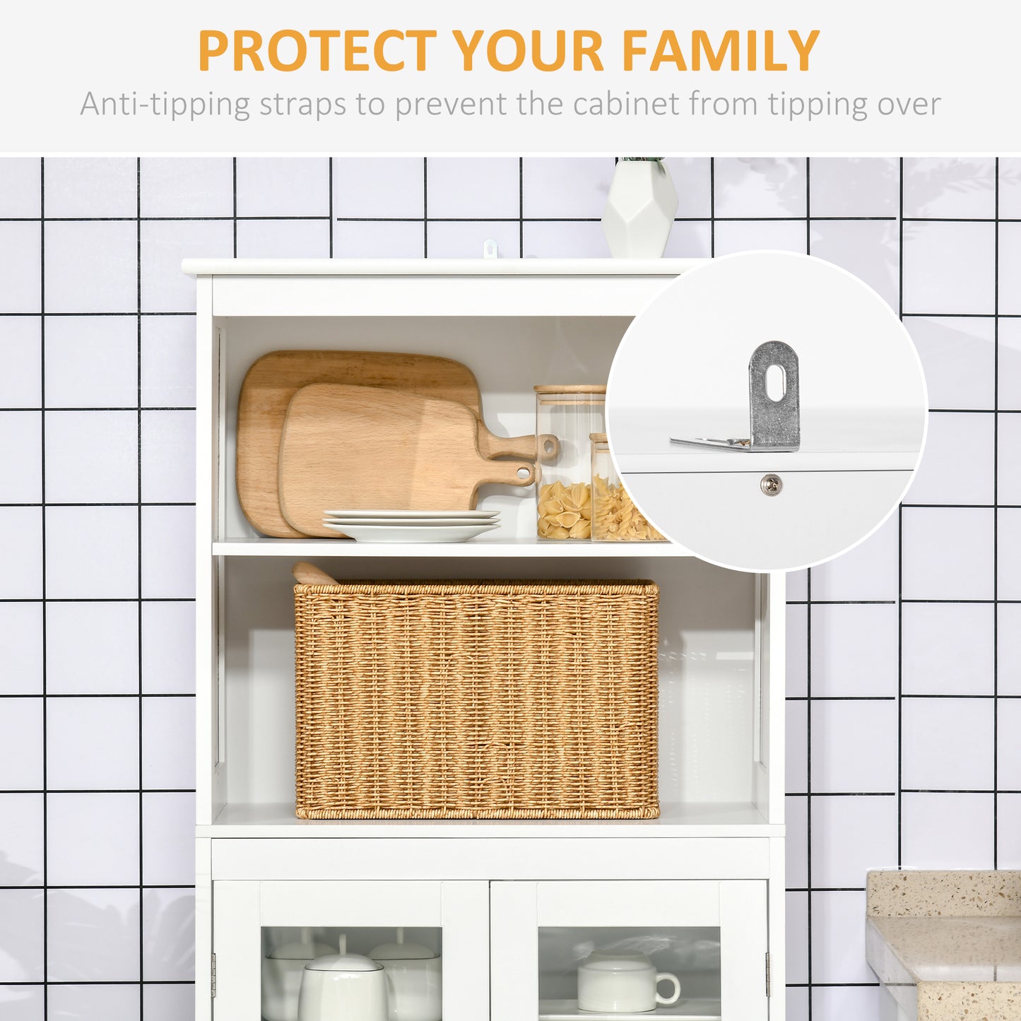 Kitchen Cupboard Storage Cabinet Adjustable Shelves, Glass Doors, White