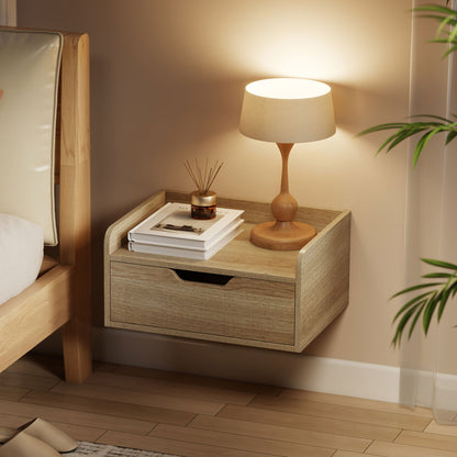 Floating Nightstands Set of 2, Nightstand with Drawer, Natural Wood