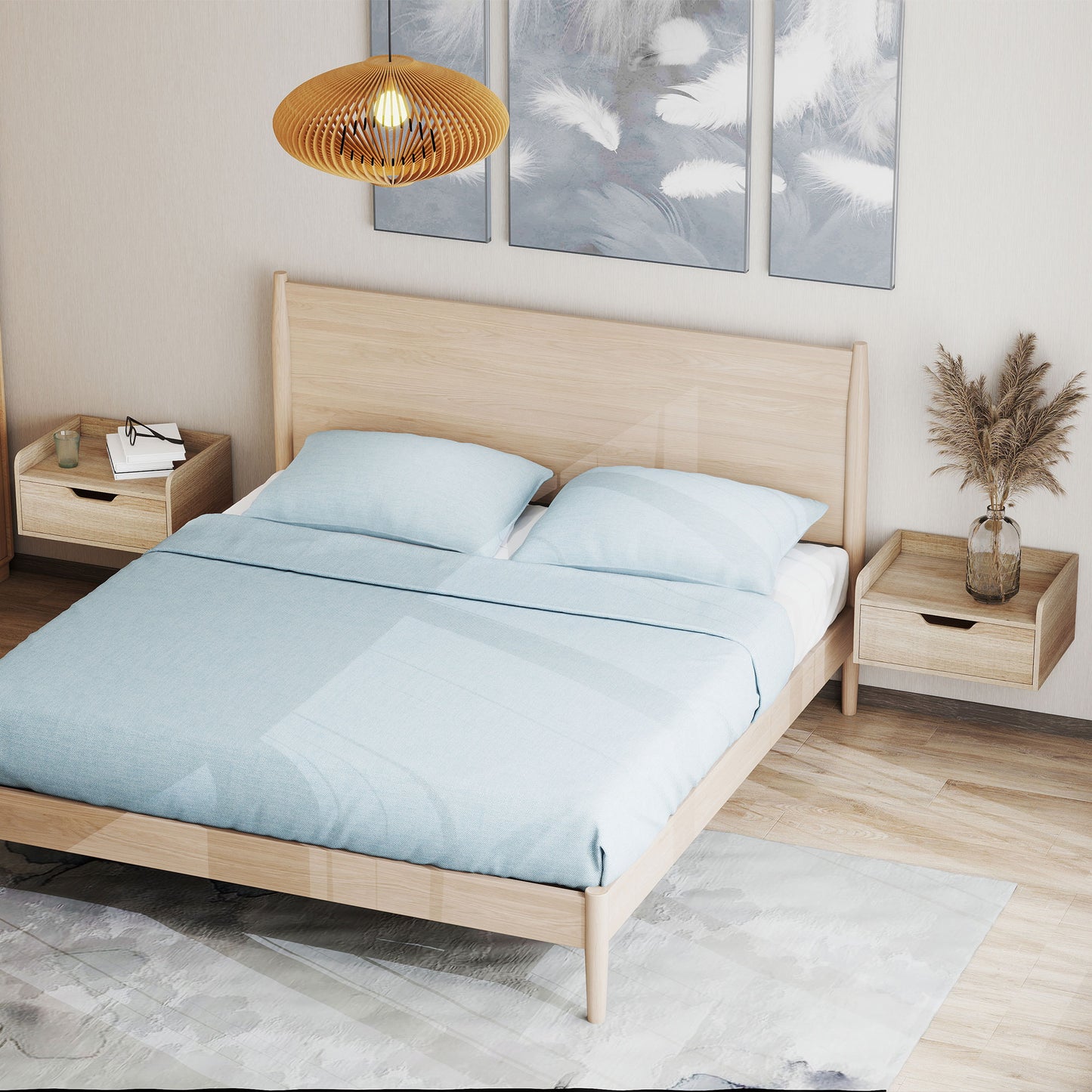 Floating Nightstands Set of 2, Nightstand with Drawer, Natural Wood
