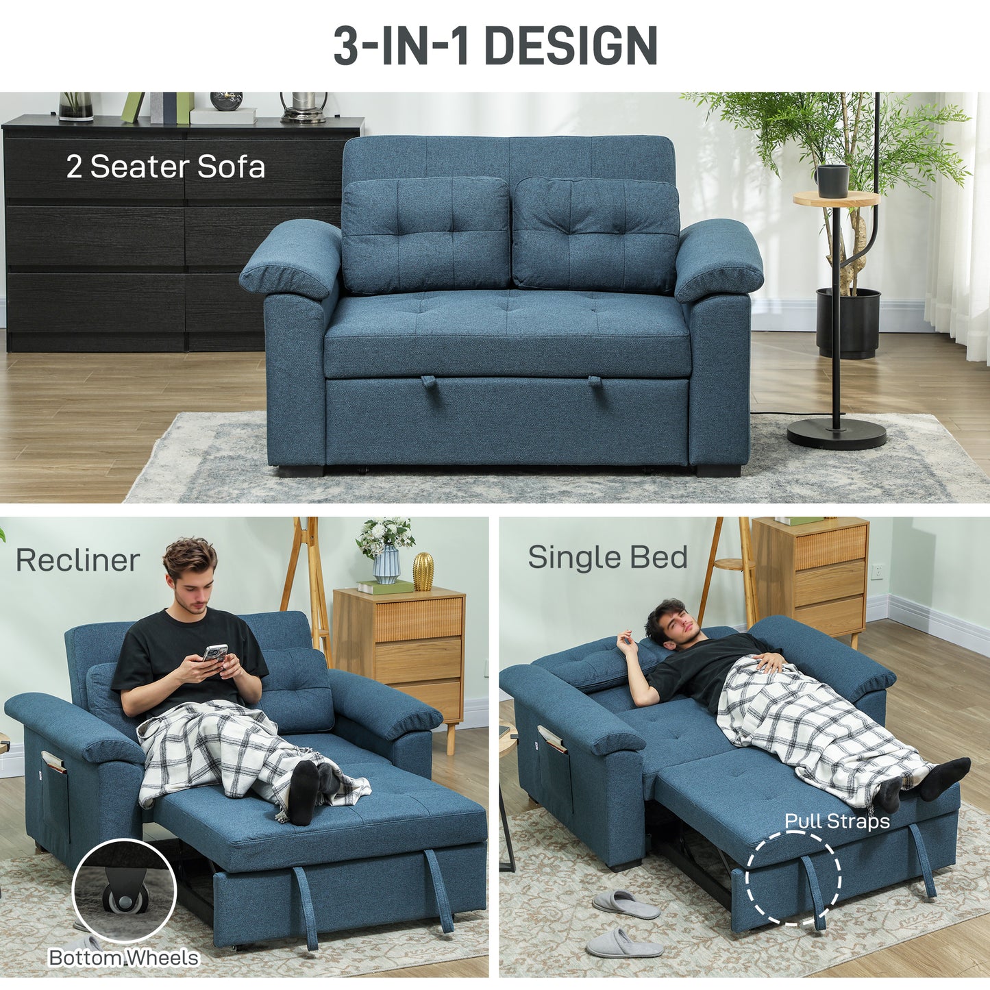 Click Clack Sofa Bed 2 Seater Sofa Bed for Living Room Blue
