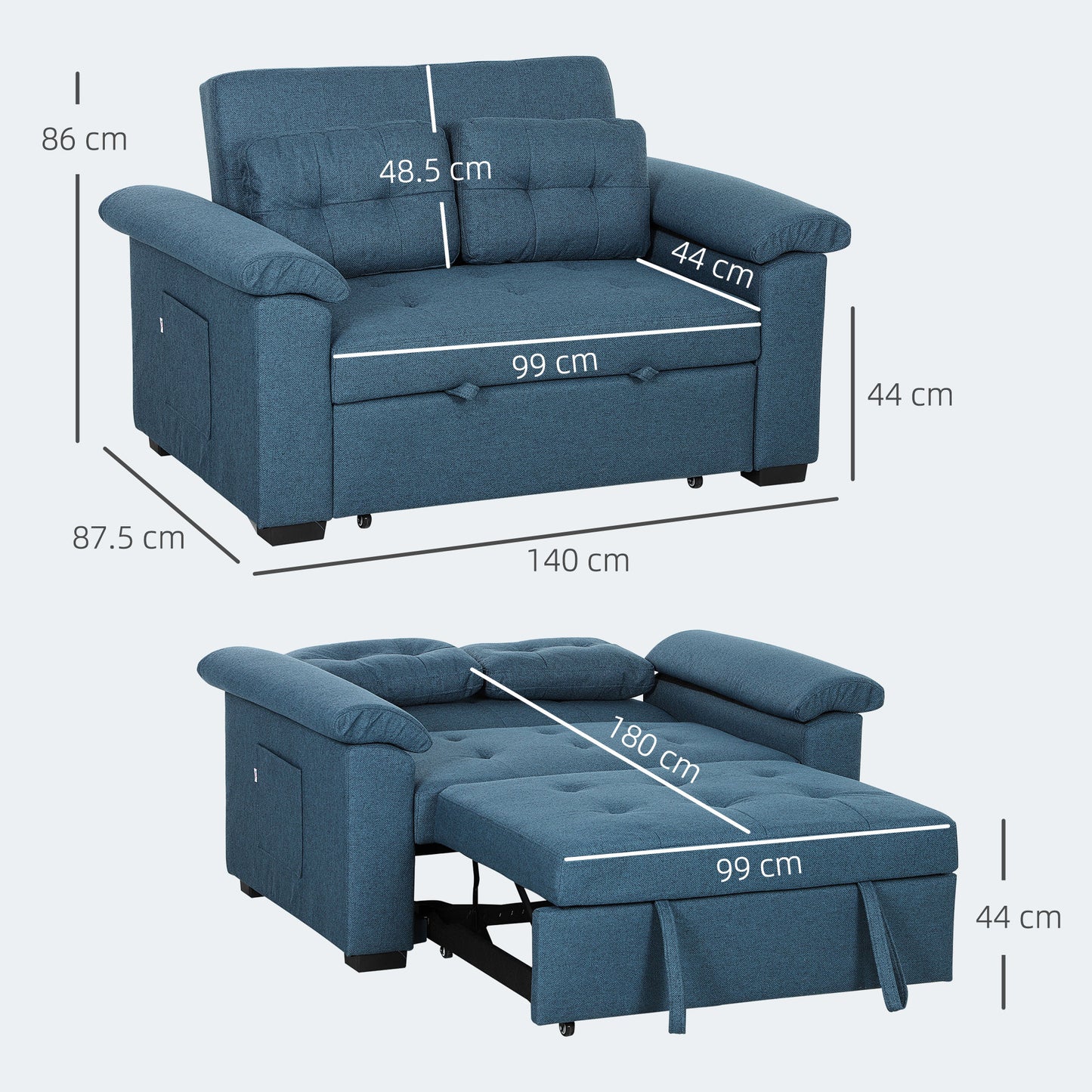 Click Clack Sofa Bed 2 Seater Sofa Bed for Living Room Blue