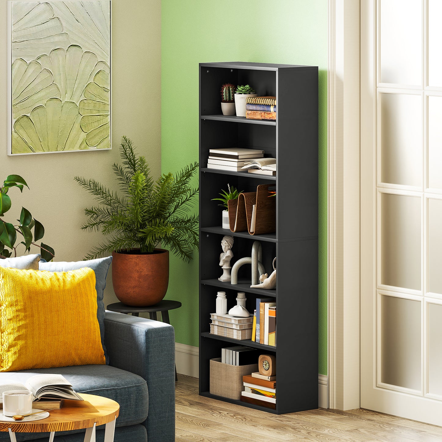 6 Tier Bookshelf, Freestanding Bookcase with Adjustable Shelves, Black