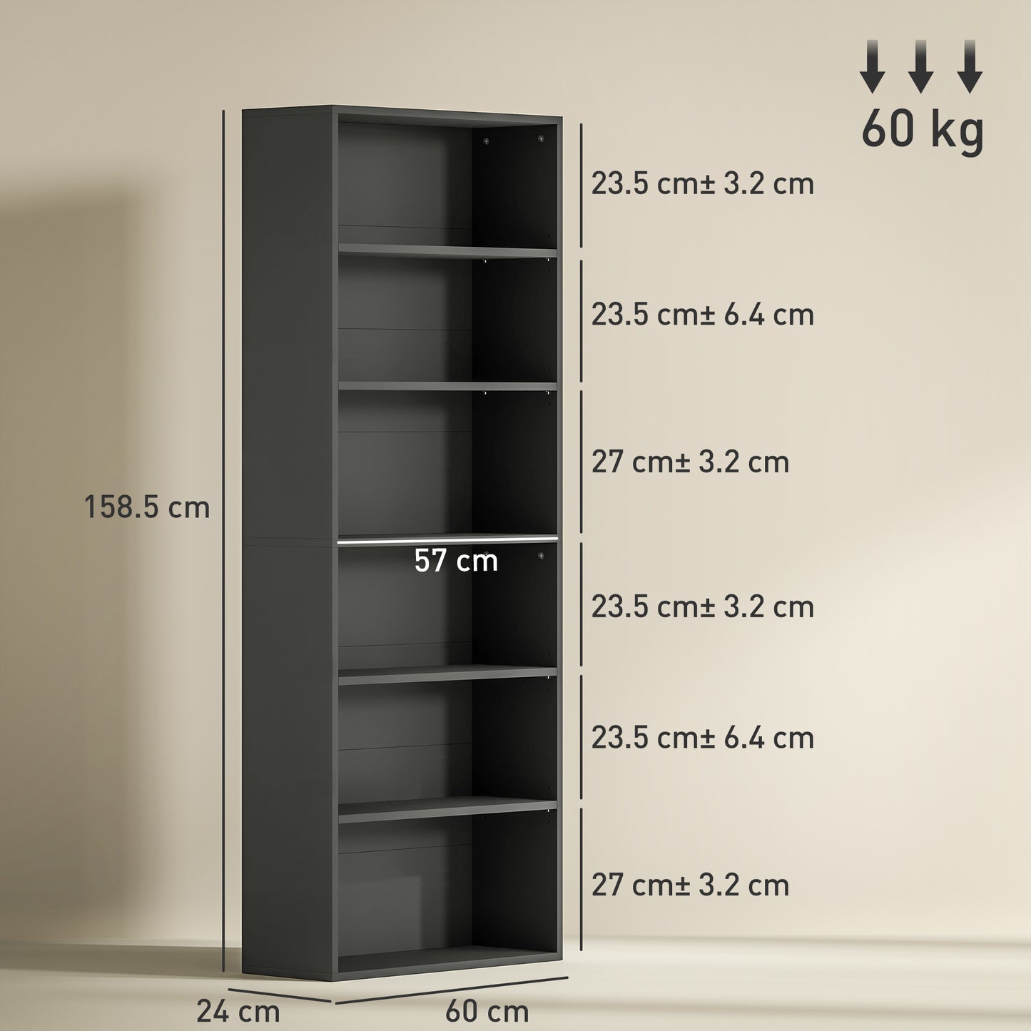 6 Tier Bookshelf, Freestanding Bookcase with Adjustable Shelves, Black