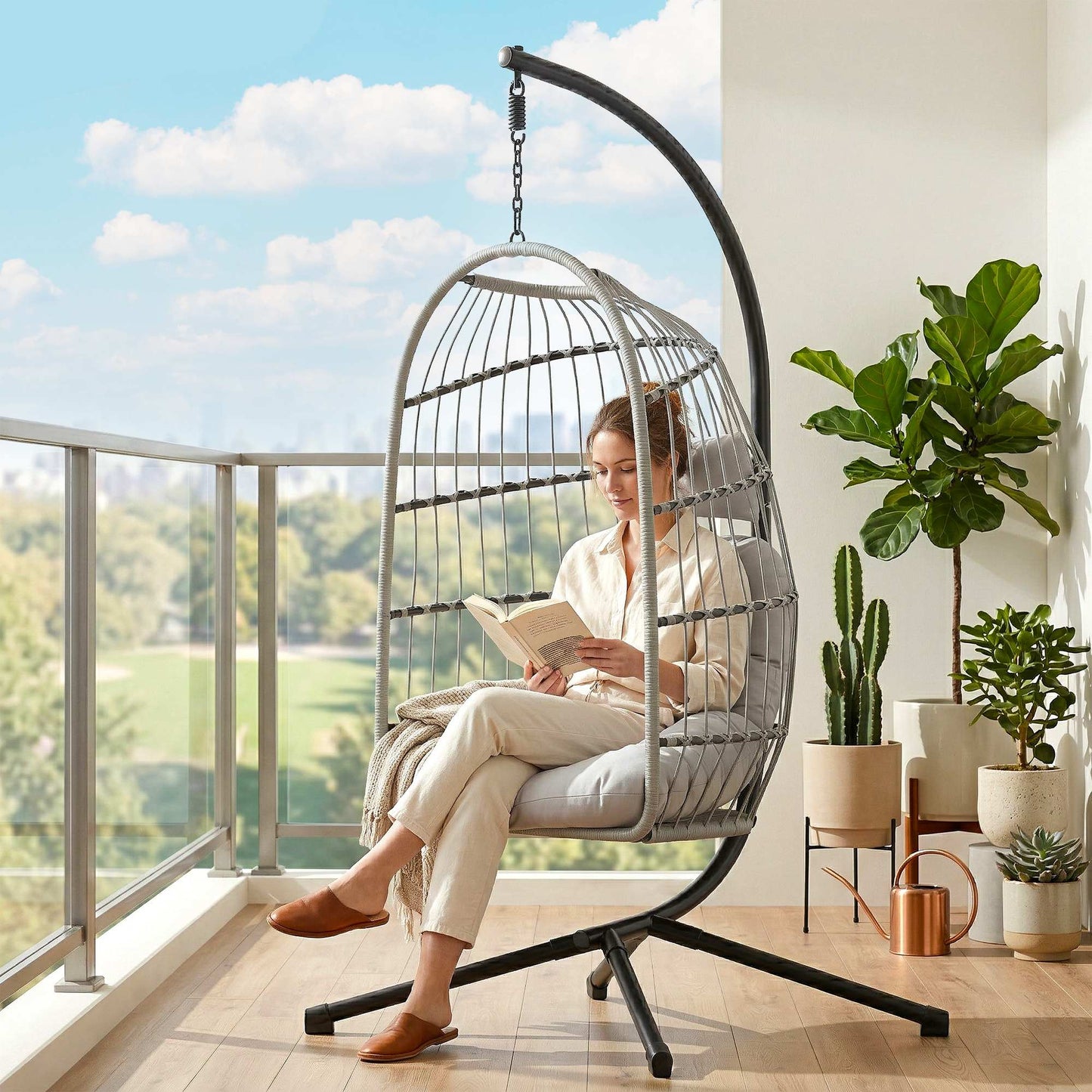 Hanging Egg Chair, Outdoor Swing Chair with Stand, Light Grey