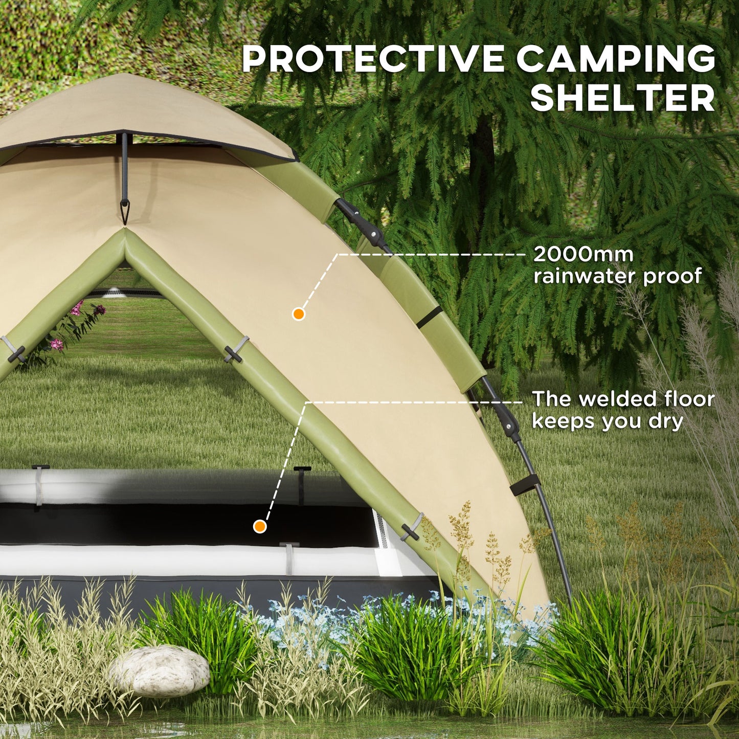 3-4 Man Camping Tent Portable with Bag, Quick Setup, Dark Green