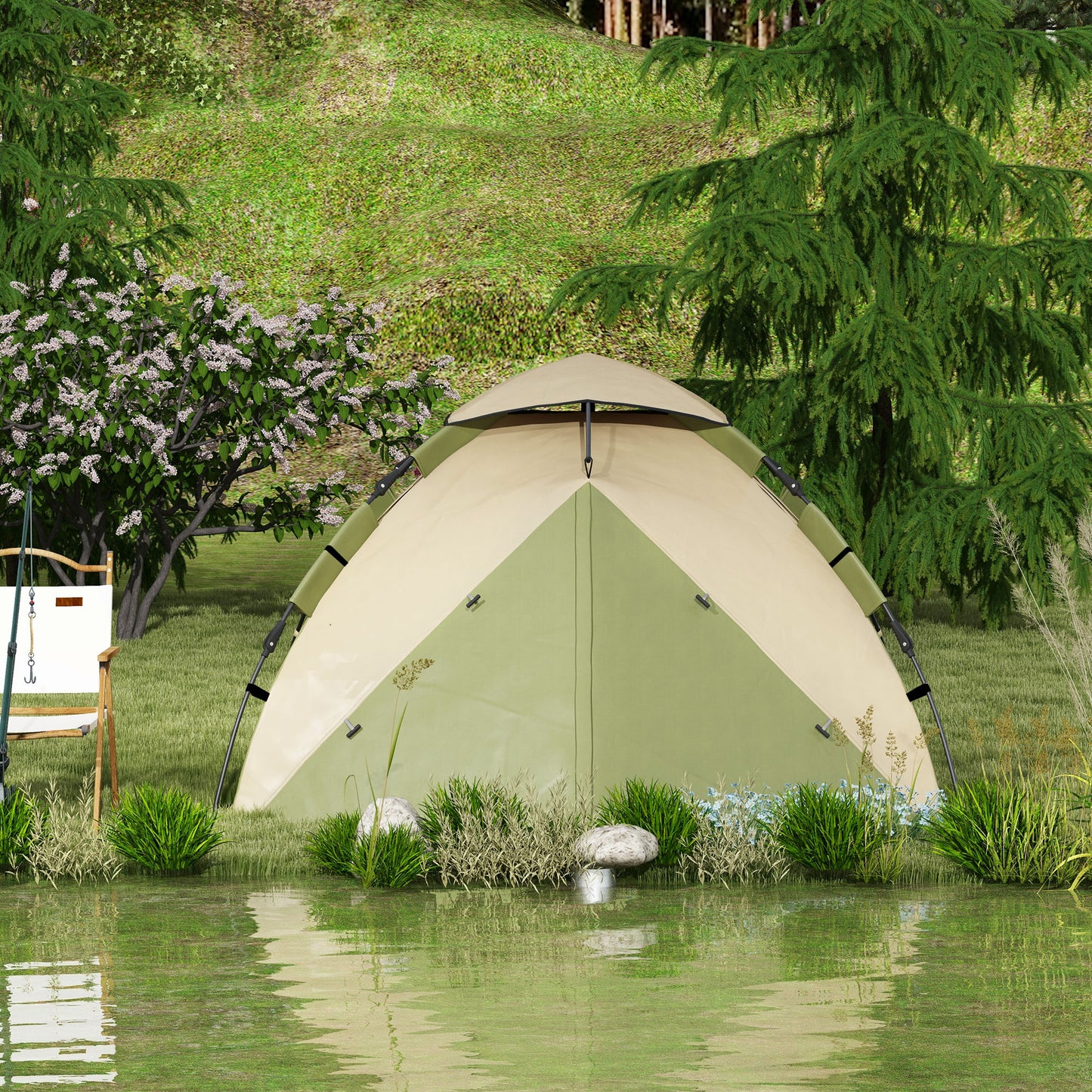 3-4 Man Camping Tent Portable with Bag, Quick Setup, Dark Green