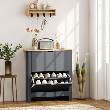 12-Shoe Storage Cabinet 4 Shelves 2 Drawers Tabletop Charcoal Grey