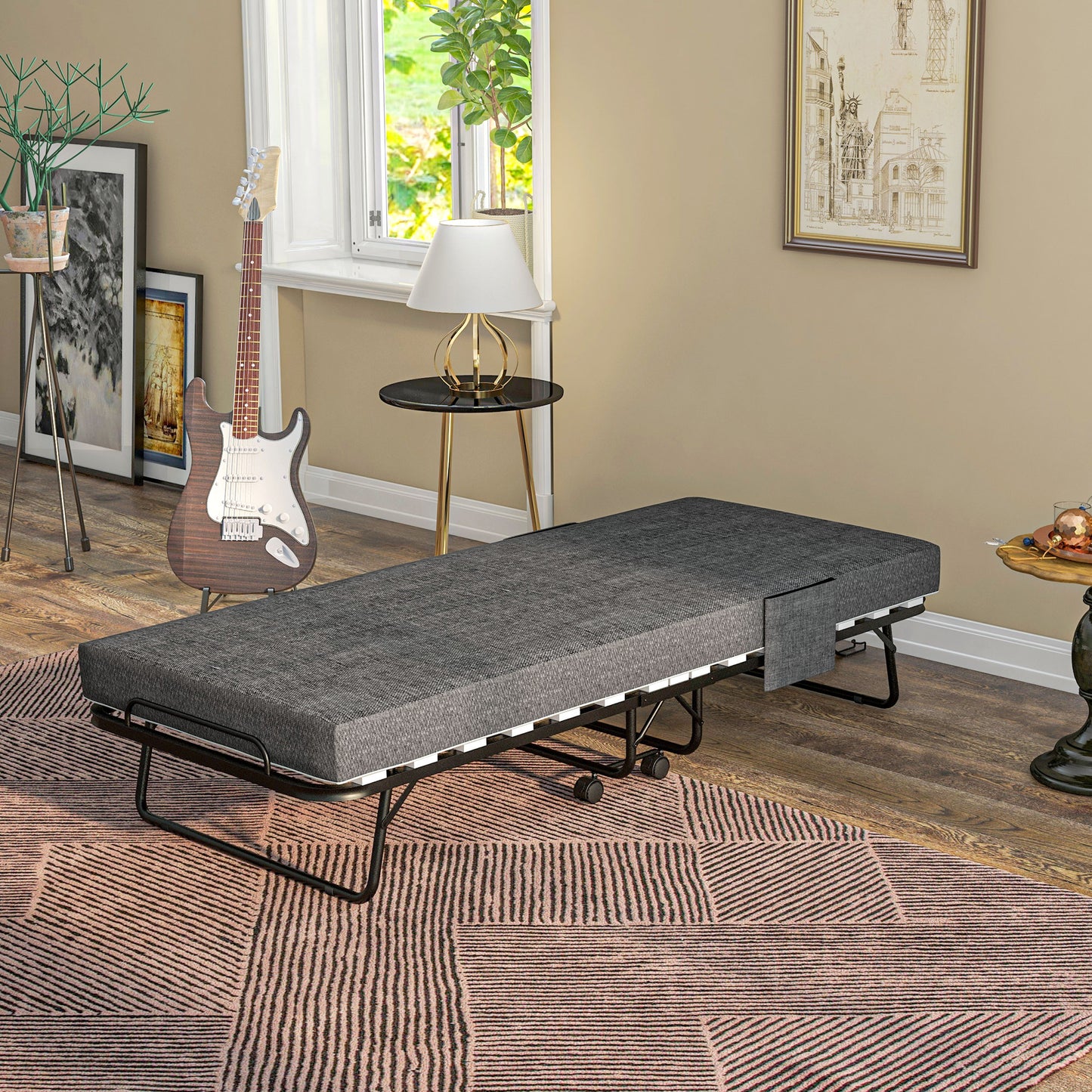 Folding Bed with Mattress Foldable Guest Bed on Wheels w/ Cover Dark Grey