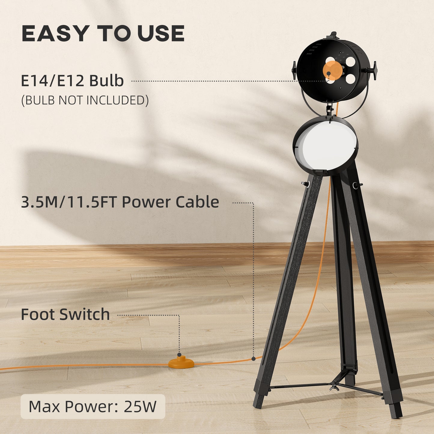Industrial Tripod Floor Lamp Wood Height Adjustable Spotlight, Black