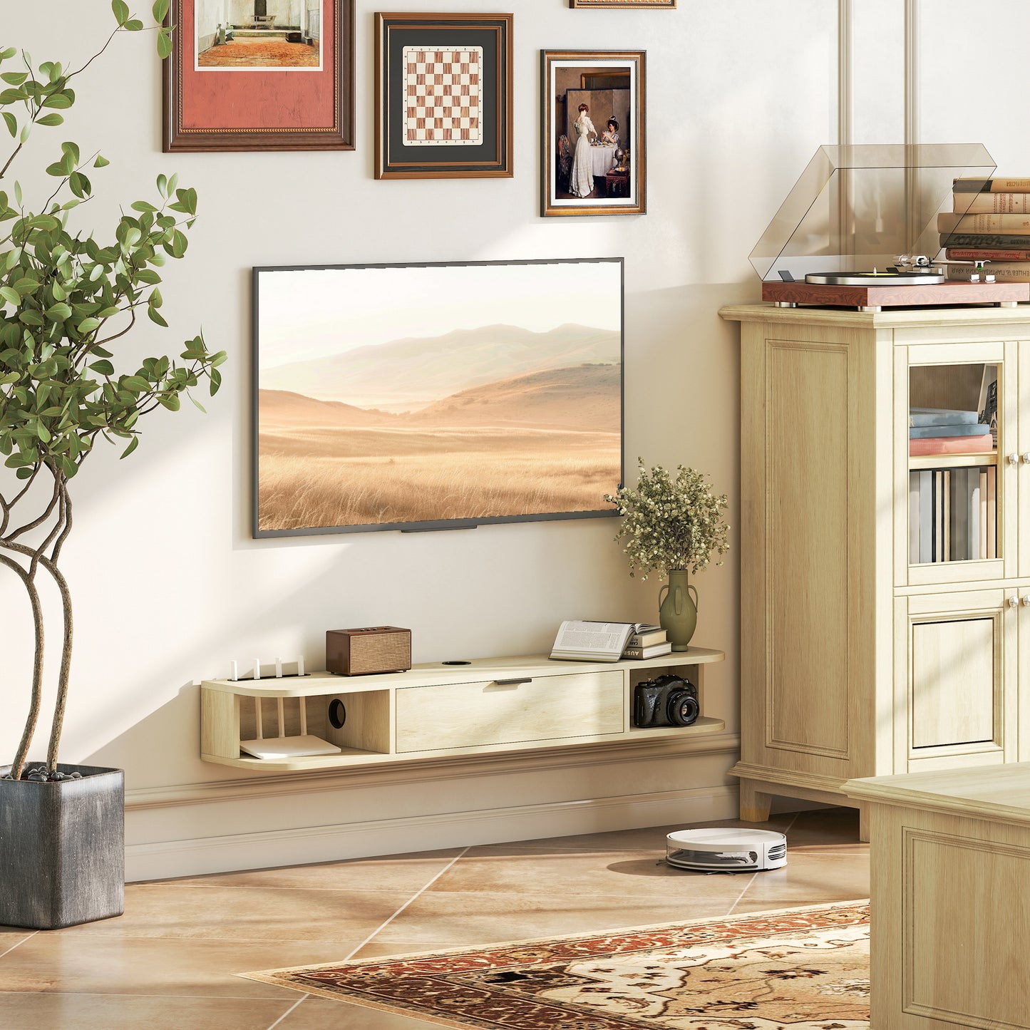 120 cm Floating TV Unit with Flip Drawer and Shelves, Natural