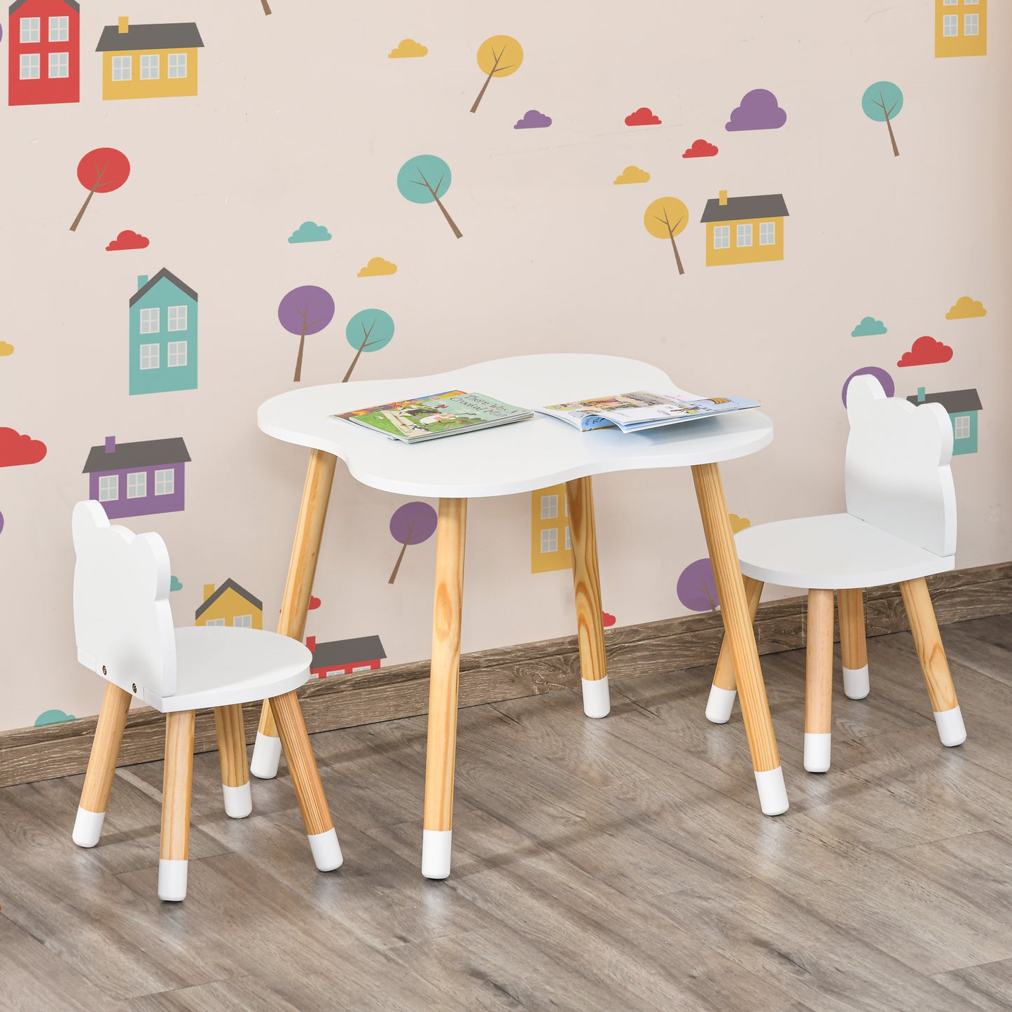 3-Piece Kids Table and Chair Set with 2 Bear-Shaped Chairs, White