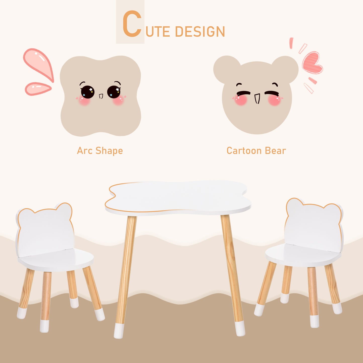 3-Piece Kids Table and Chair Set with 2 Bear-Shaped Chairs, White