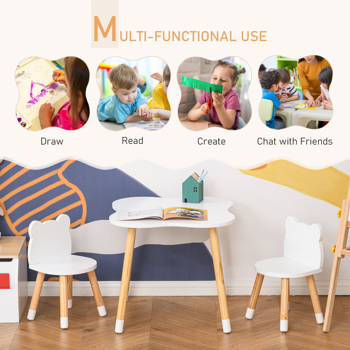 3-Piece Kids Table and Chair Set with 2 Bear-Shaped Chairs, White