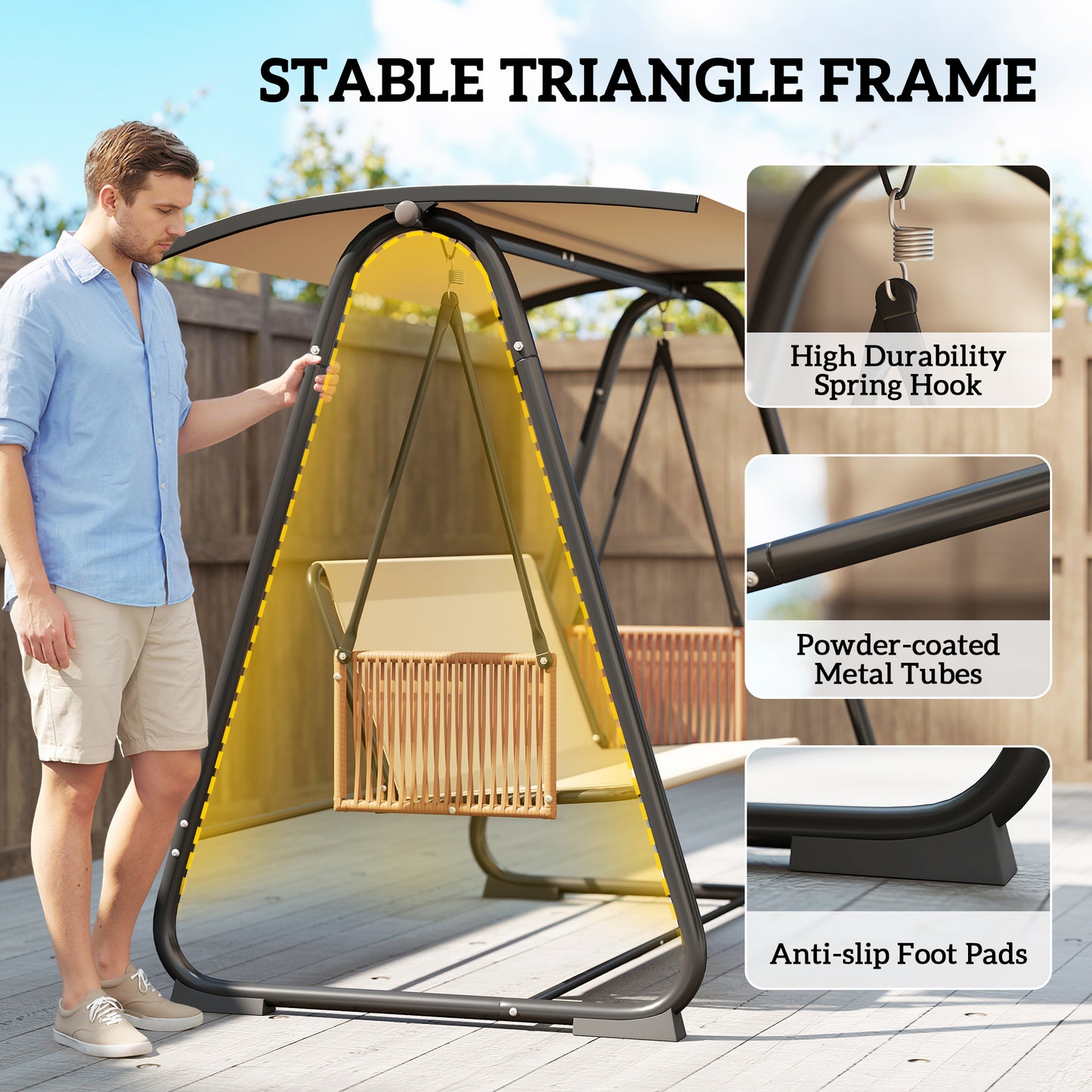 3 Seater Garden Swing Chair with Adjustable Canopy, Sand Brown