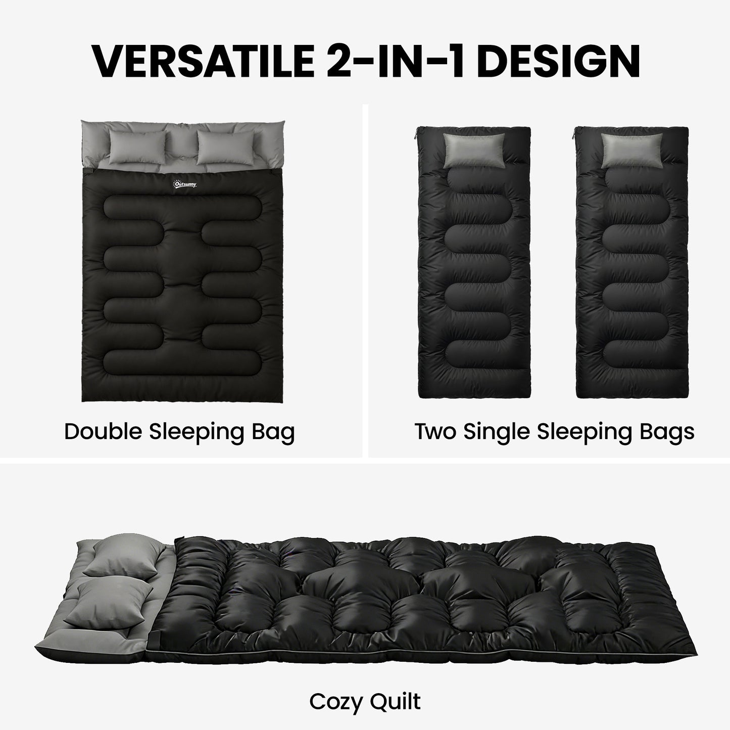 Double Sleeping Bag with 2 Pillows, 220 x 160cm Sleeping Bag Black