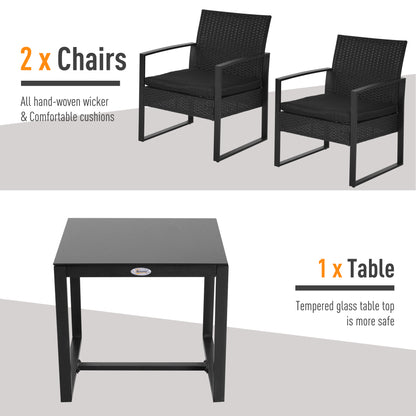 Outsunny 3 Pieces Outdoor Rattan Bistro Set, Patio Wicker Balcony Furniture, Conservatory Sofa Coffee Table and Chairs Sets for Garden, Backyard, Porch, Black