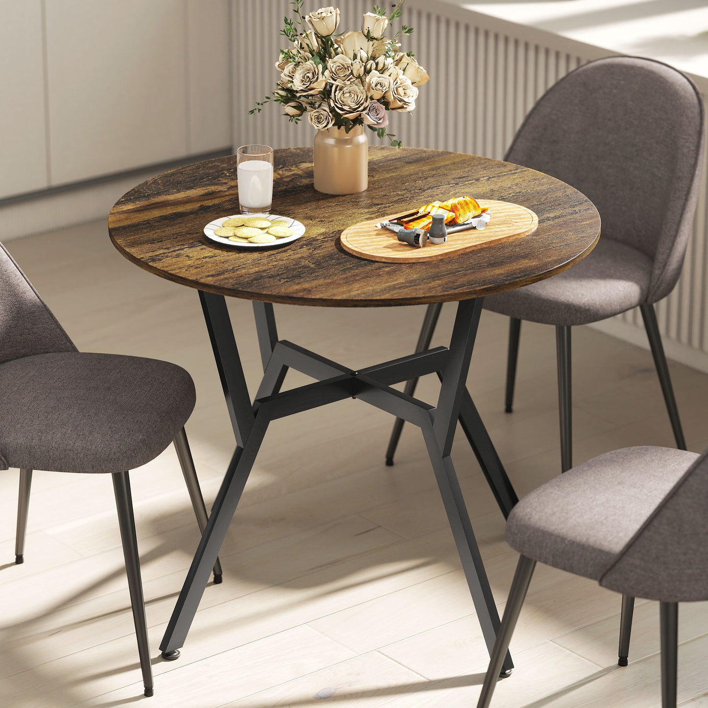 Small Kitchen Table with Black Steel Legs, Dining Table, Rustic Brown