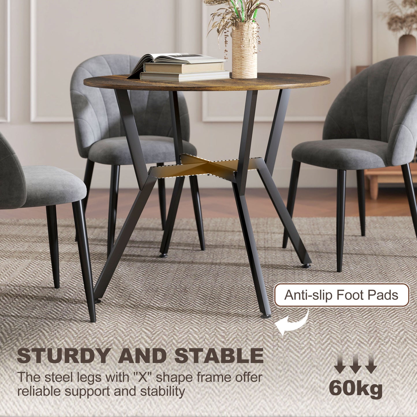 Small Kitchen Table with Black Steel Legs, Dining Table, Rustic Brown