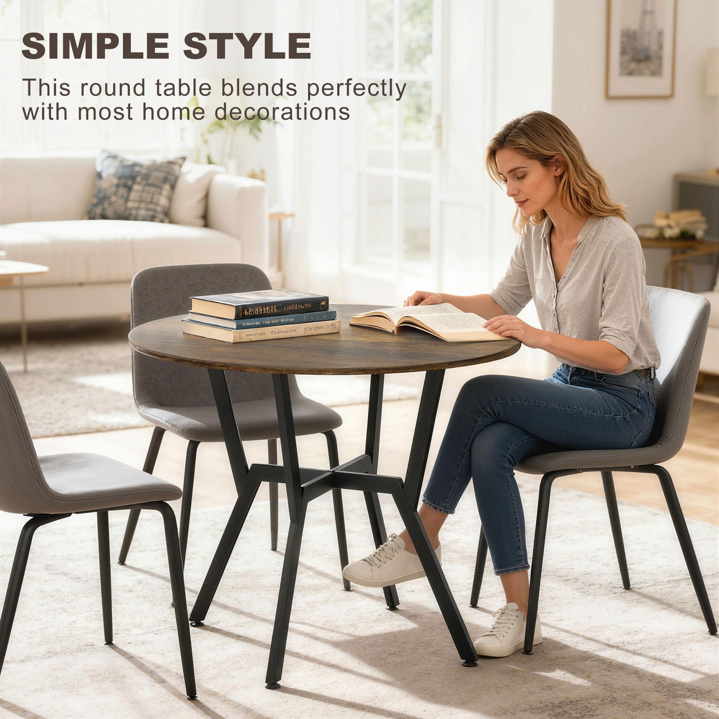 Small Kitchen Table with Black Steel Legs, Dining Table, Rustic Brown