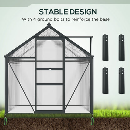 6 x 6ft Polycarbonate Greenhouse, Large Walk in Green House with Slide Door and Window, Grey