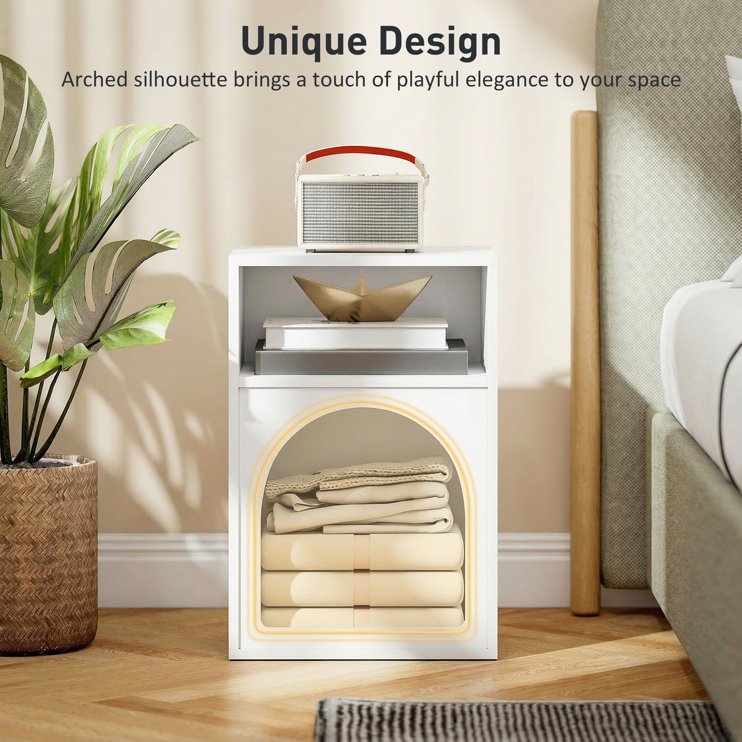 Bedside Table, Modern Bedside Cabinet with 2 Open Compartments and Unique Arch Design, Side Table for Living Room, Bedroom, White