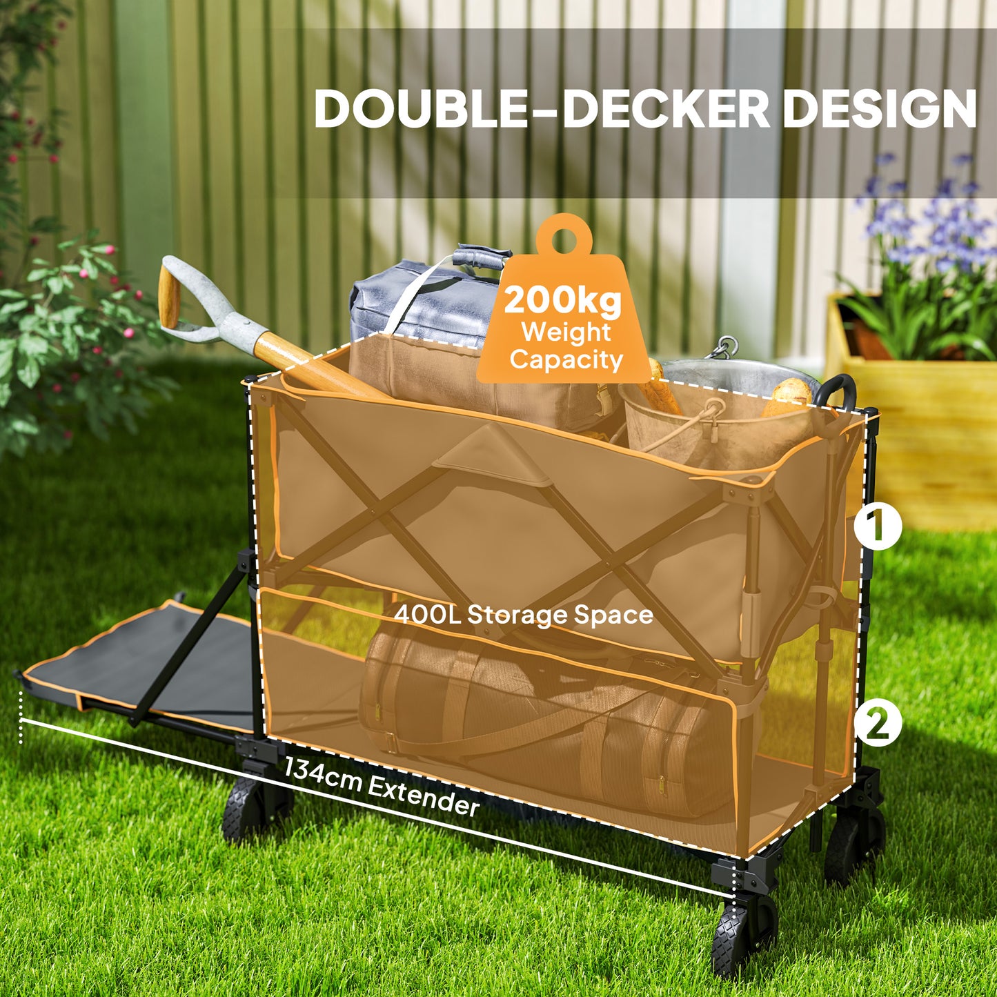 Double Decker Folding Trolley Cart on Wheels, 200KG Capacity, Grey