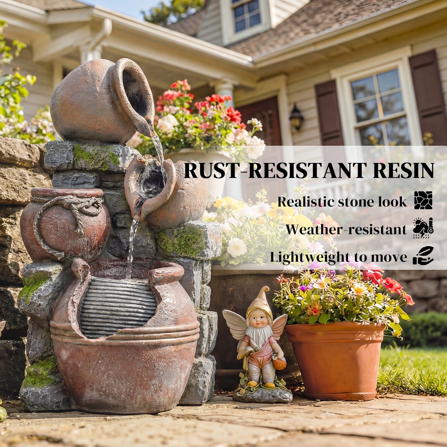 Outdoor Fountain with LED Lights, 4-Tier Garden Fountain