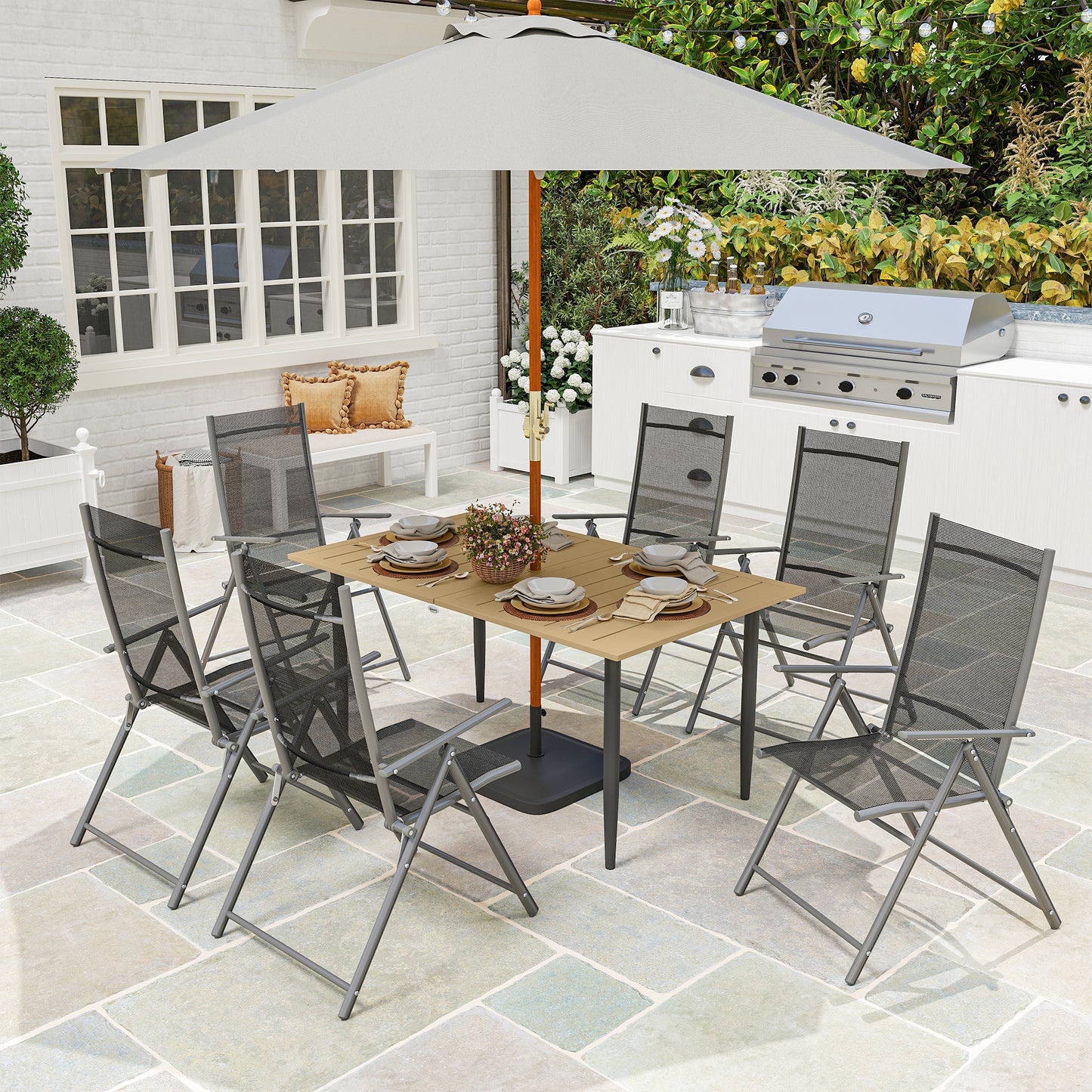 Garden Dining Table for 6 Person with Parasol Hole, Brown