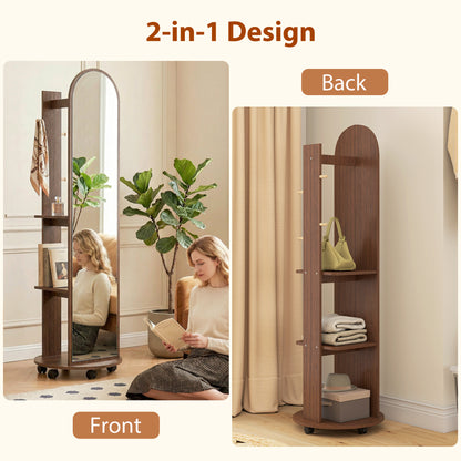 2-in-1 Full Length Mirror with Storage Shelves, Floor Mirror with 4 Universal Wheels, Coat Rack, 4 Hooks, Space-Saving Freestanding Organiser for Bedroom, Living Room, Brown Wood Effect