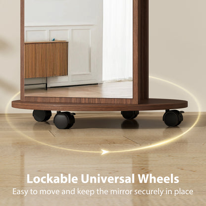 2-in-1 Full Length Mirror with Storage Shelves, Floor Mirror with 4 Universal Wheels, Coat Rack, 4 Hooks, Space-Saving Freestanding Organiser for Bedroom, Living Room, Brown Wood Effect