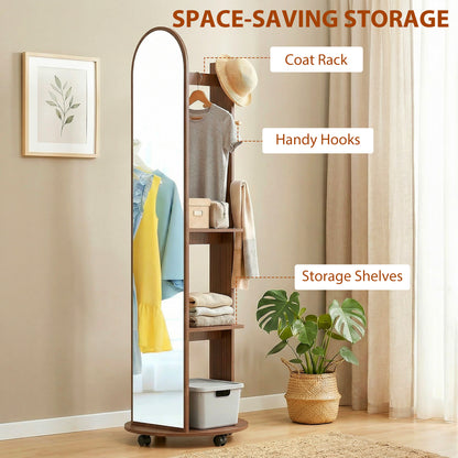 2-in-1 Full Length Mirror with Storage Shelves, Floor Mirror with 4 Universal Wheels, Coat Rack, 4 Hooks, Space-Saving Freestanding Organiser for Bedroom, Living Room, Brown Wood Effect