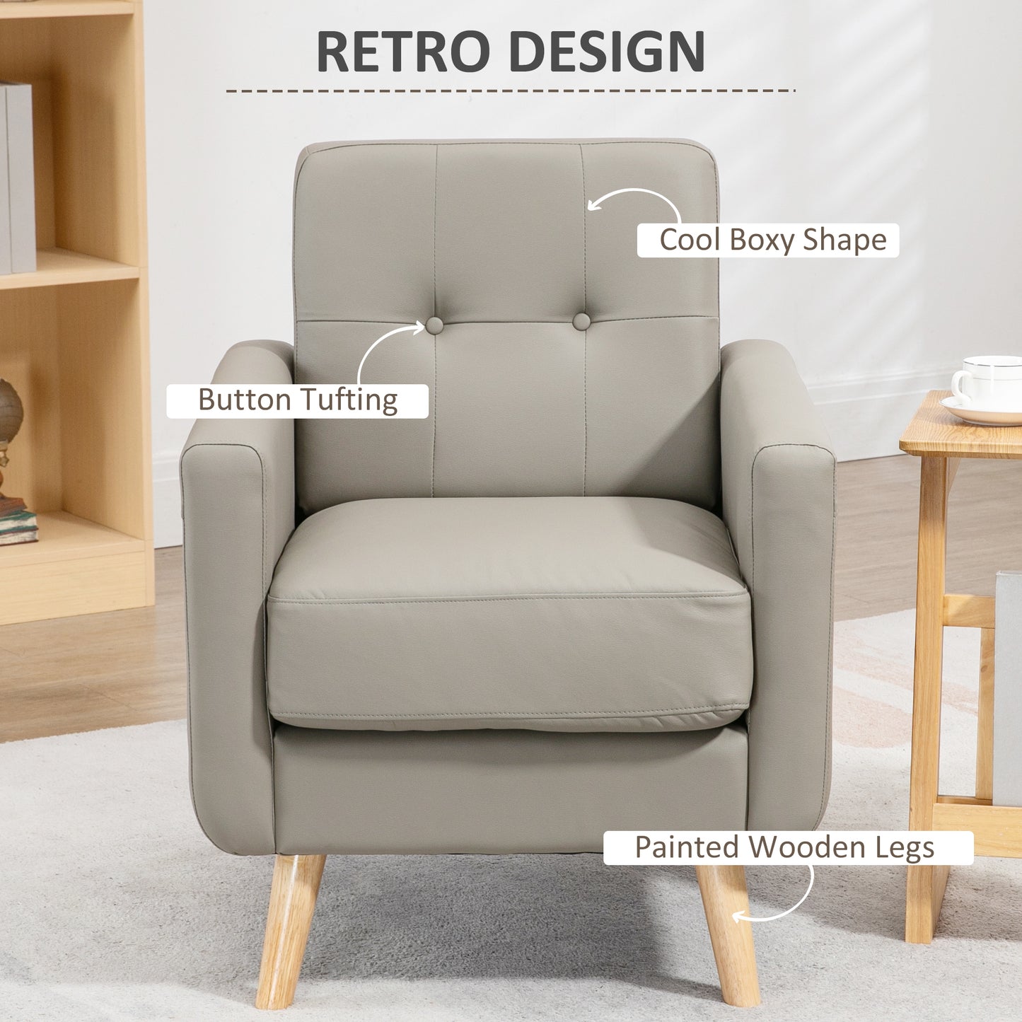 Modern Accent Chair, Tufted Living Room Chairs, PU Leather Armchair for Bedroom, Home Office, Grey