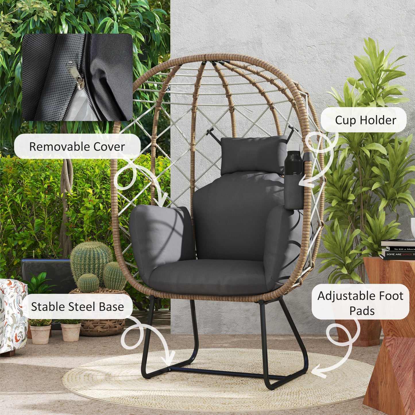 Rattan Garden Egg Chair with Thickened Cushion, Headrest, Brown