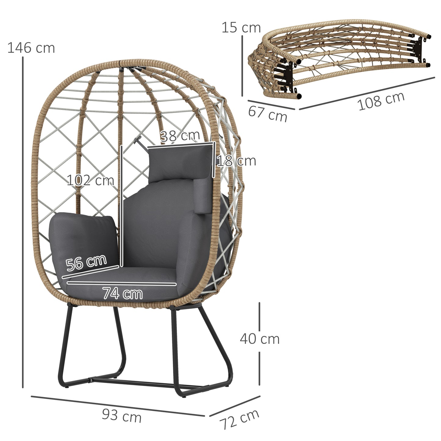 Rattan Garden Egg Chair with Thickened Cushion, Headrest, Brown