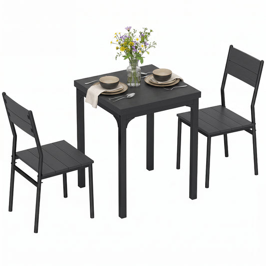 3 Pieces Modern Dining Table Set, Kitchen Table and Chairs for 2, Space Saving Design, Breakfast Nook Table Set with Steel Legs for Kitchen, Small Space, Black Wood Effect