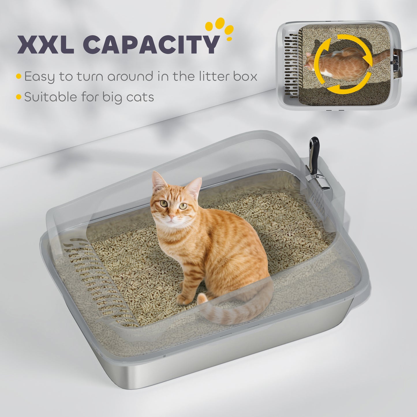 XXL Stainless Steel Cat Litter Box with High Sides, 70 x 50 x 30 cm