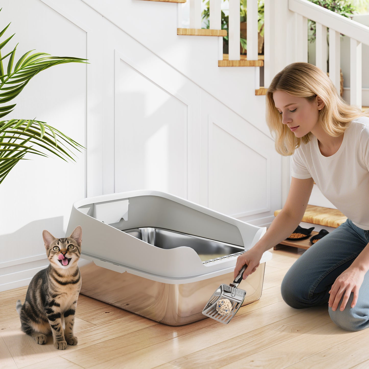 XXL Stainless Steel Cat Litter Box with High Sides, 70 x 50 x 30 cm