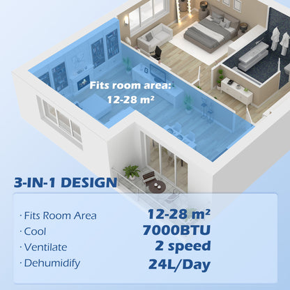 7,000 BTU Portable Air Conditioner with 26m², Dehumidifier, Timer