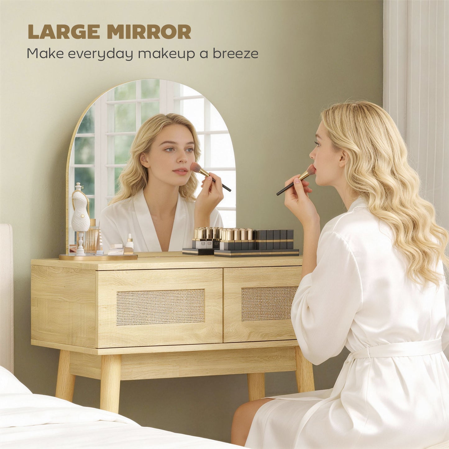 Dressing Table, Vanity Desk w/ Mirror, 2 Drawers, Natural Wood Finish