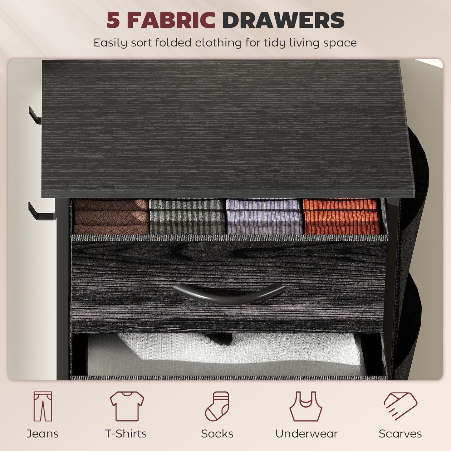 Fabric Chest of Drawers, 5 Drawer Dresser for Bedroom, Black