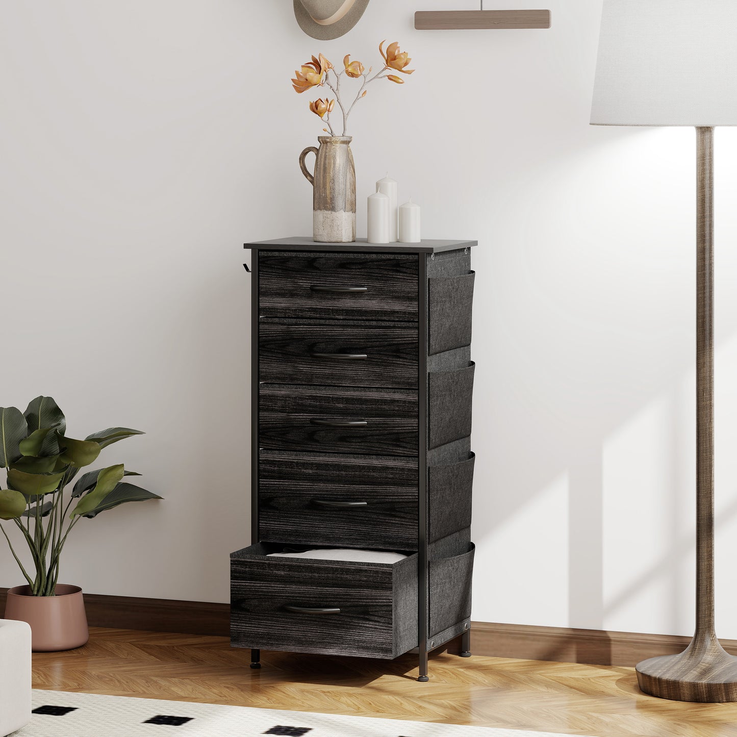 Fabric Chest of Drawers, 5 Drawer Dresser for Bedroom, Black