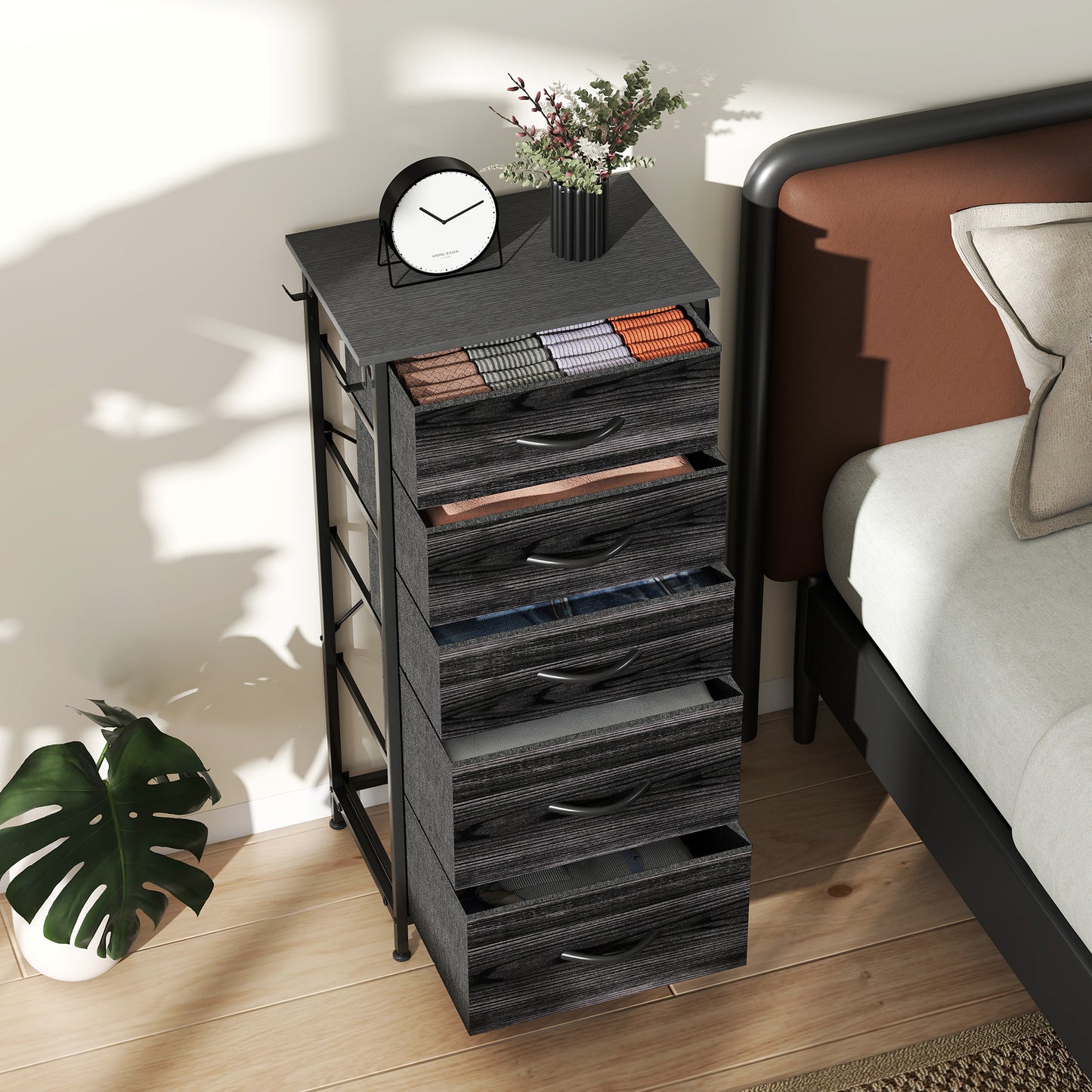 Fabric Chest of Drawers, 5 Drawer Dresser for Bedroom, Black