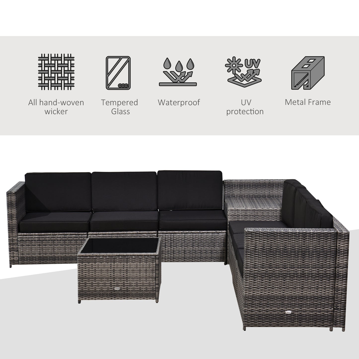 Outsunny 8 pcs Outdoor Rattan Garden Furniture Patio Sofa and Table Set with Cushions 6 Seater Corner Wicker Seat with Storage, Grey