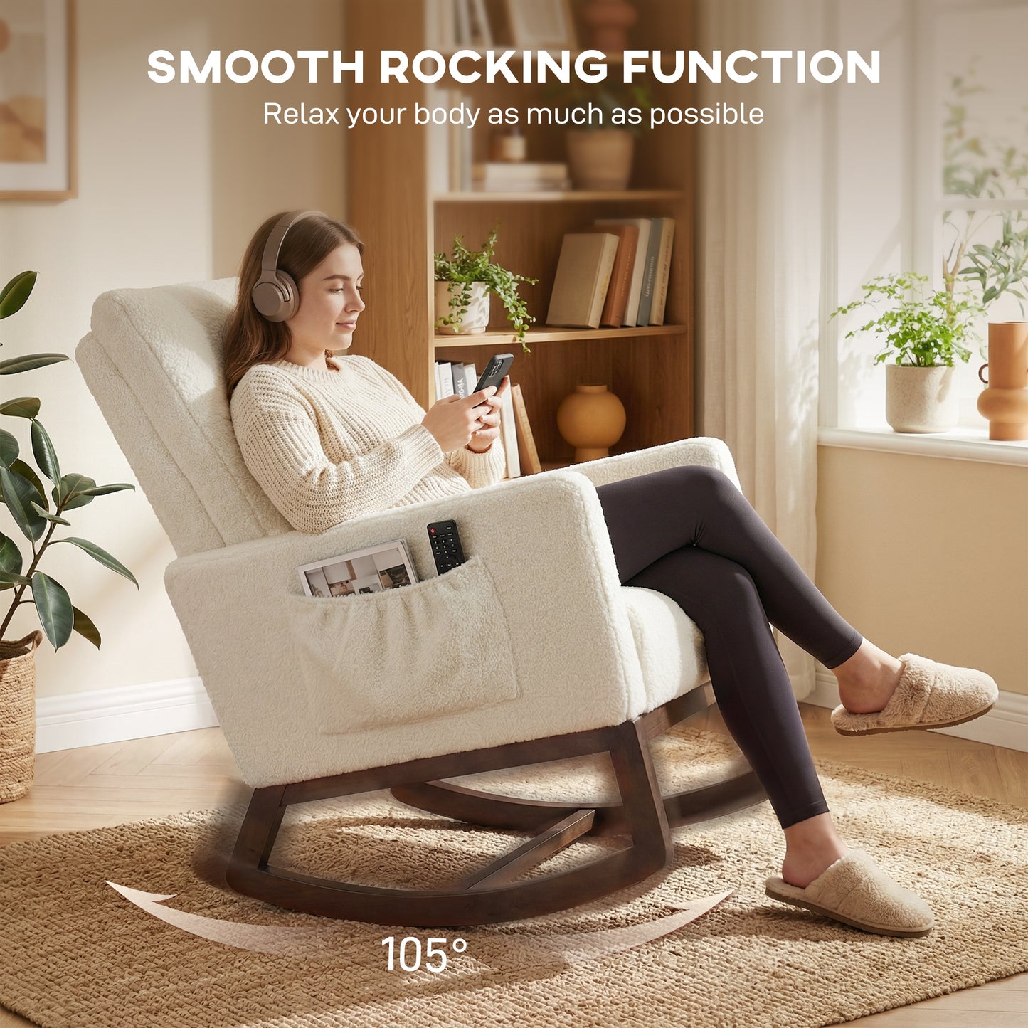 Rocking Chair for Adults, Lounge Rocker w/ Lumbar Pillow, Cream White