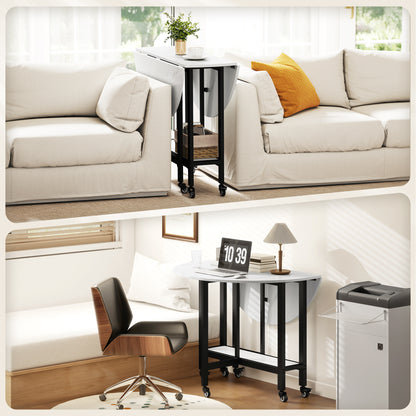 Folding Dining Table, Drop Leaf Table with Open Shelf, White Marble