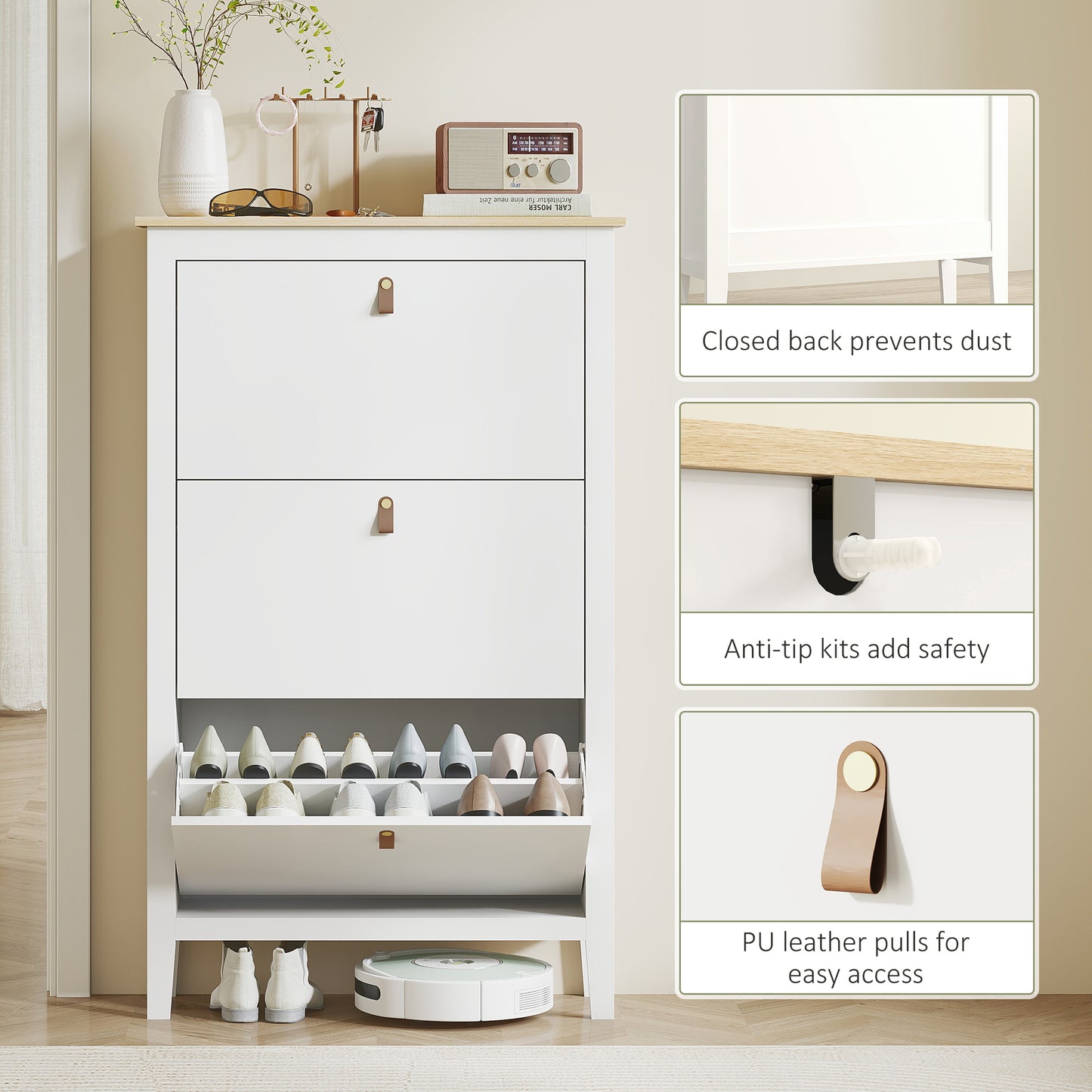 3 Drawer Shoe Cabinet with Flip Doors for Hallway, Entryway, White