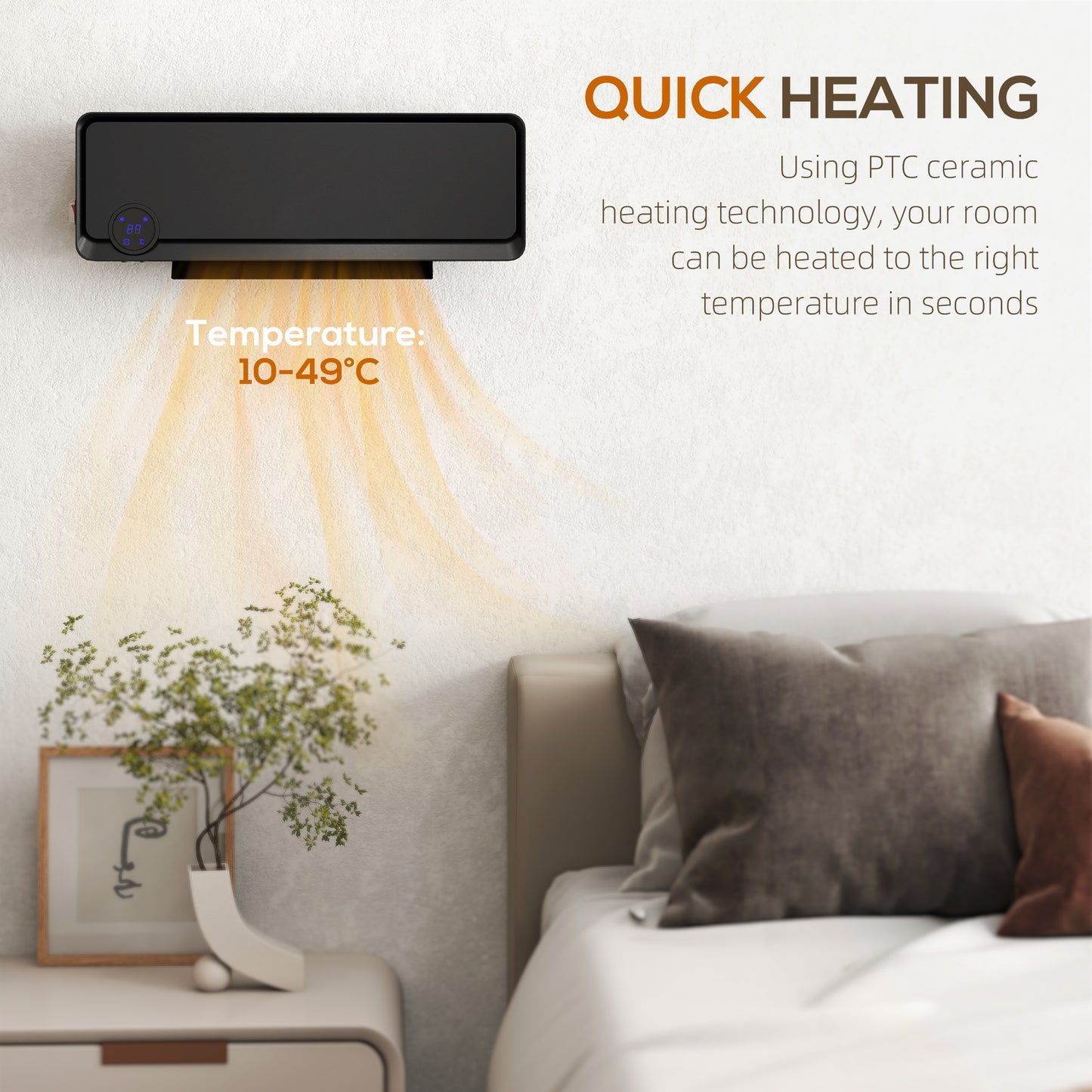 1000W/2000W Wall Downflow Heater 10-49°C Temperature w/ Timer, Black