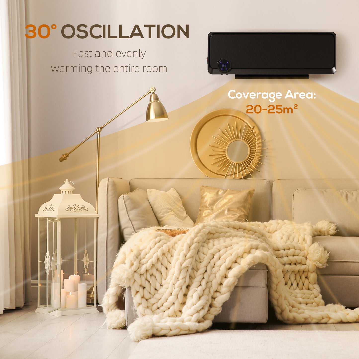 1000W/2000W Wall Downflow Heater 10-49°C Temperature w/ Timer, Black