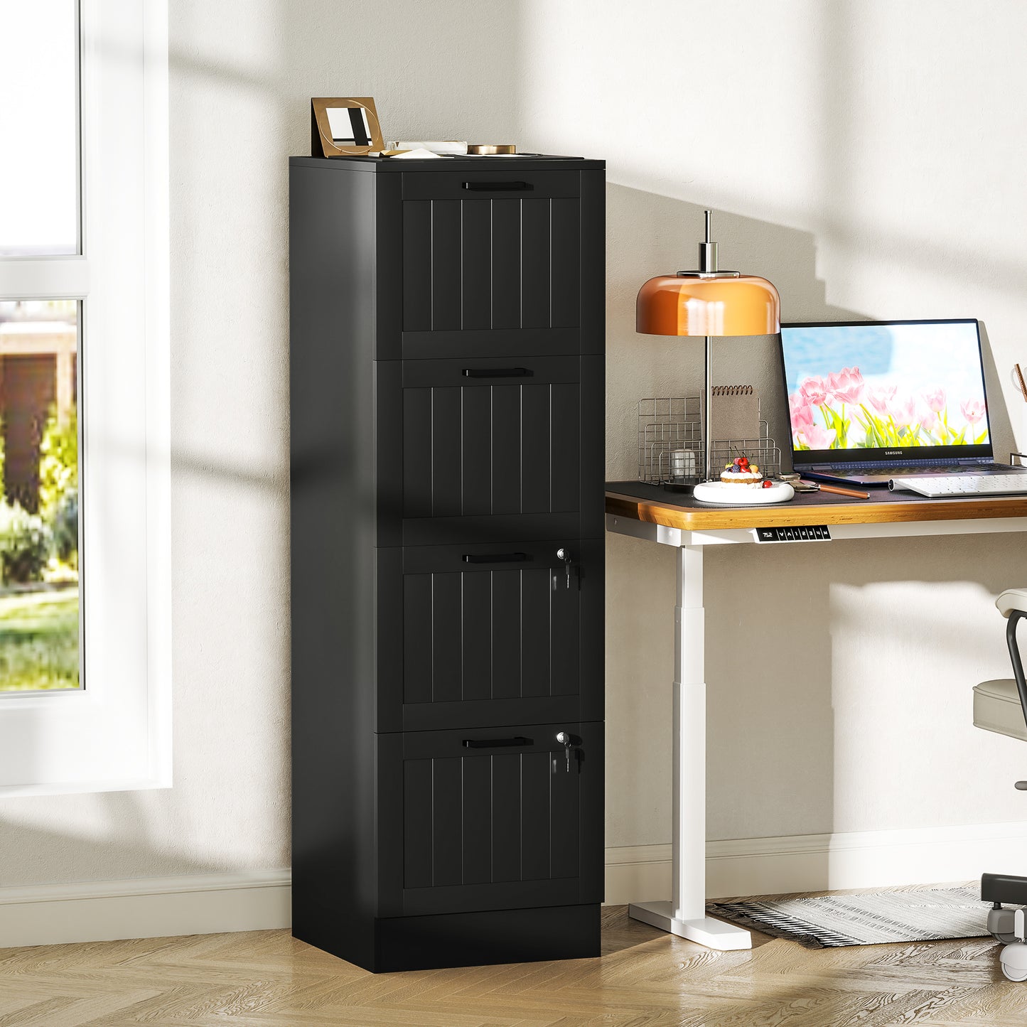 4 Drawer File Cabinet with Lock and Adjustable Hanging Bars, Black